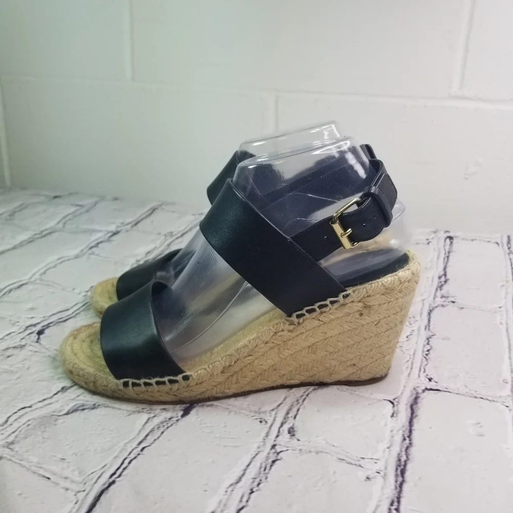 Celine black leather double strap wedge espadrille sandals